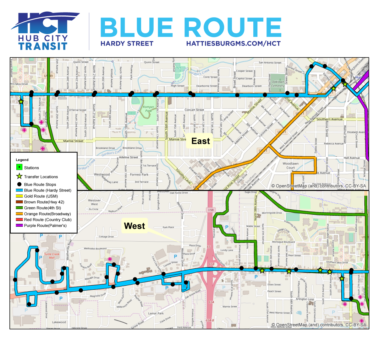 Blue Route map showing the route path and stops