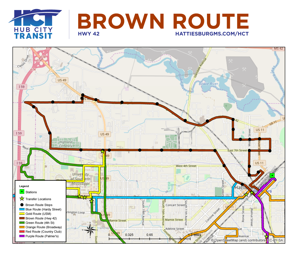 Brown Route map showing the route path and stops