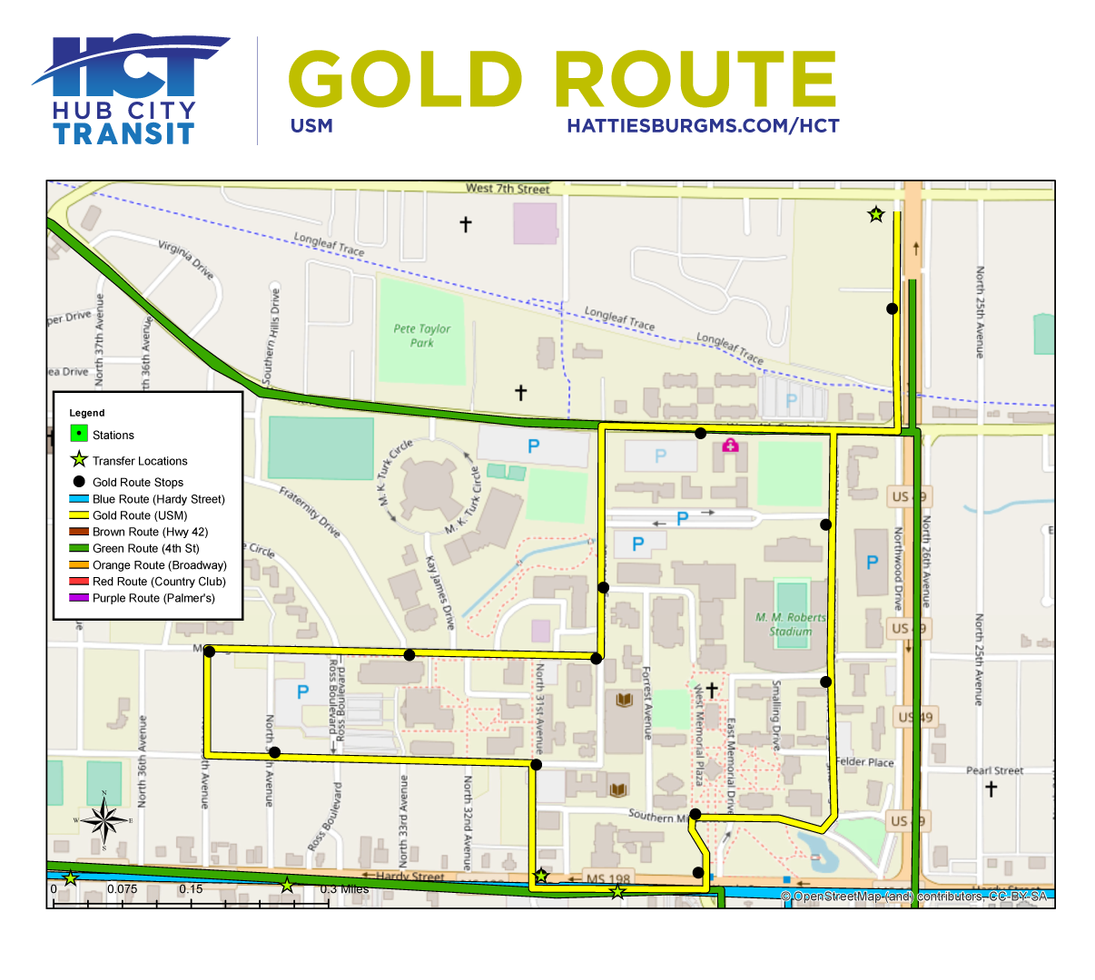 Gold Route map showing the route path and stops