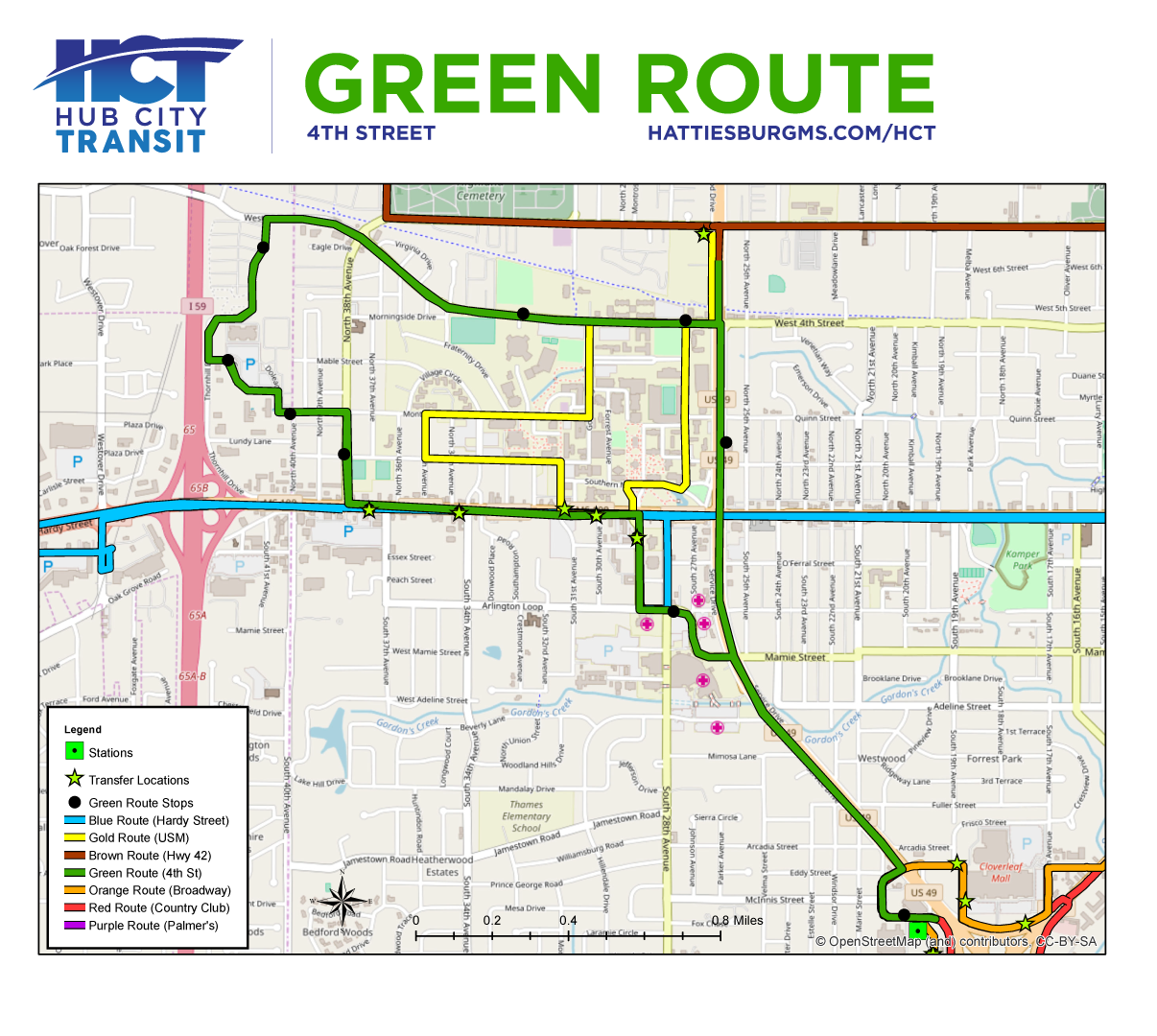 Green Route map showing the route path and stops
