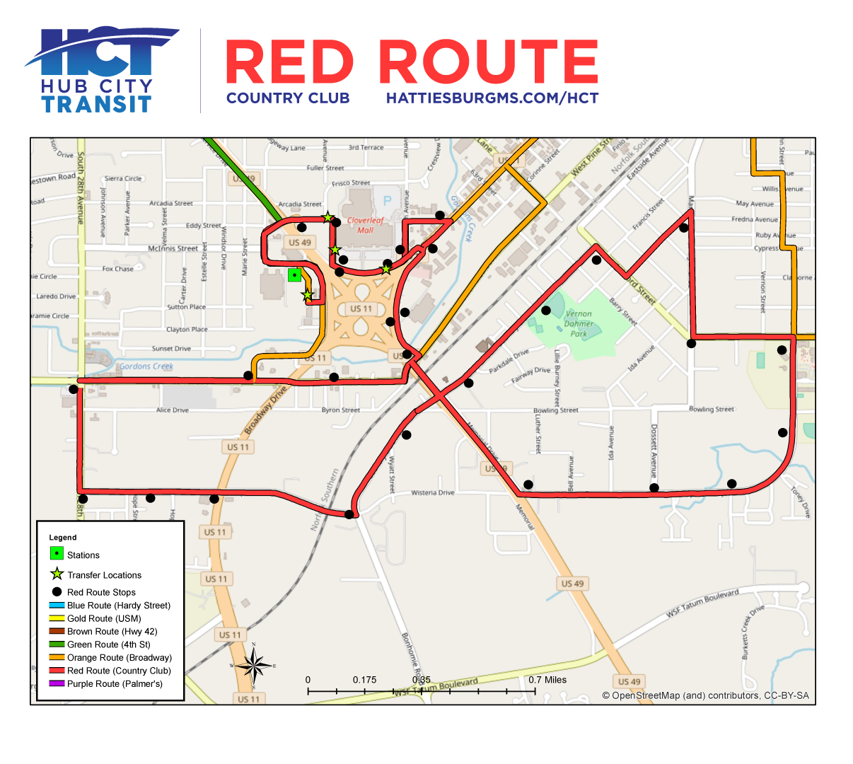 Red Route map showing the route path and stops